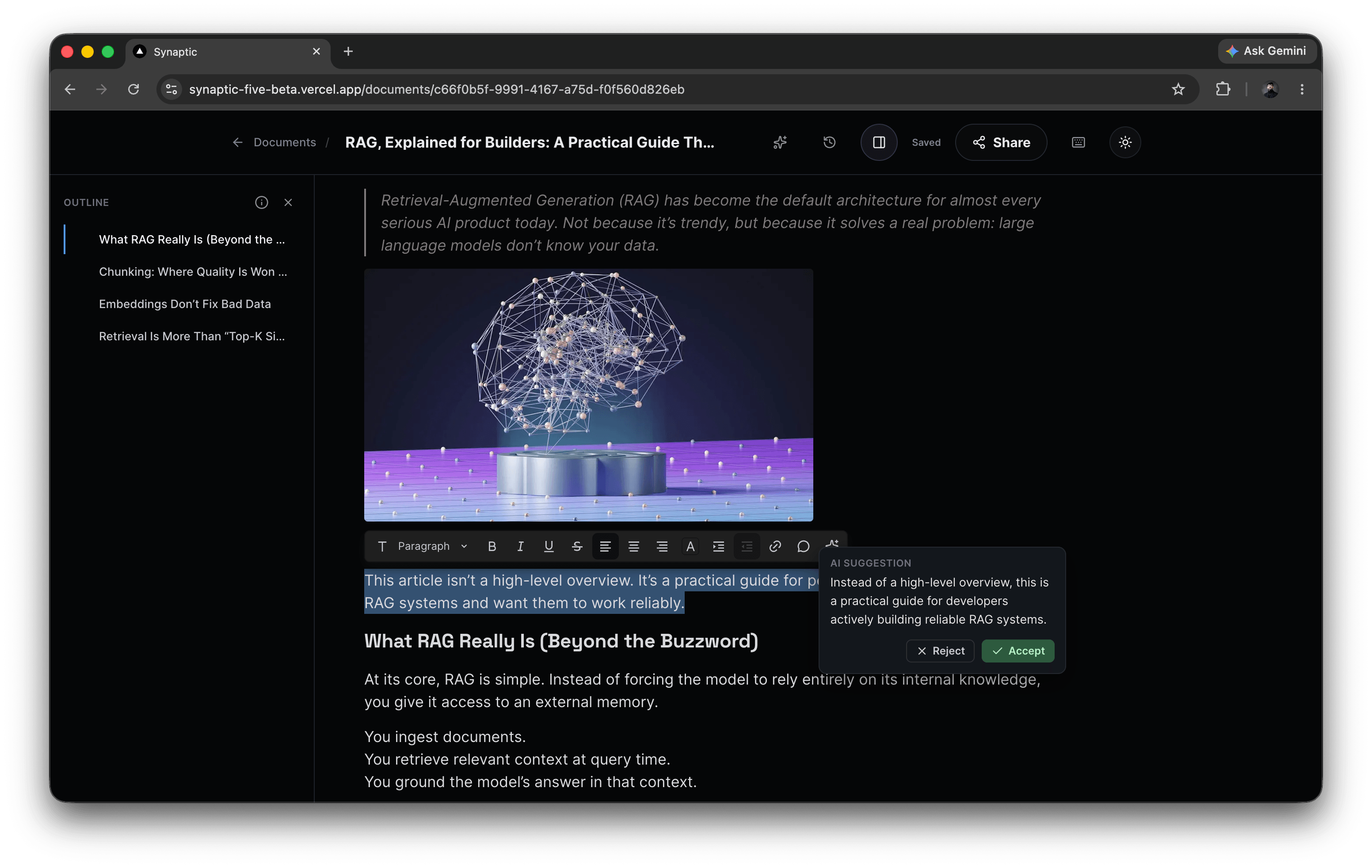 Selecting a paragraph in Synaptic and accepting an inline AI rewrite